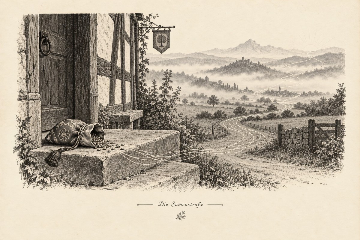 Vintage-Stich im Buchplatten-Stil: ein seidener Beutel, aus dem Samen auf eine verwitterte Steinschwelle vor einem Fachwerkbau laufen; feine Fäden ziehen von den Körnern über einen Weg in neblige Hügel; Tusche auf cremefarbenem Papier.